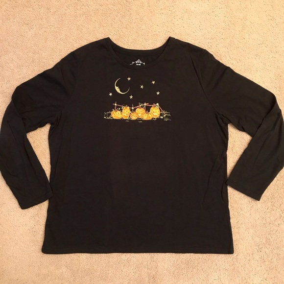 Halloween Fall Time Embroidered Tee Womens Size 2X Long Sleeve Beaded Pumpkins